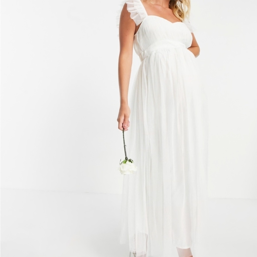 Anaya With Love Maternity Maxi Dress Women 8 White Good‎ Ruffle Tulle Bridal